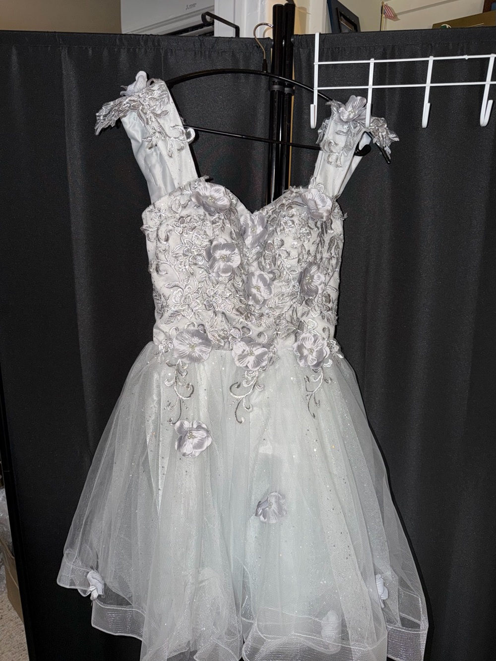 Elegant Silver  Floral Appliqué Prom Dress with Tulle Skirt